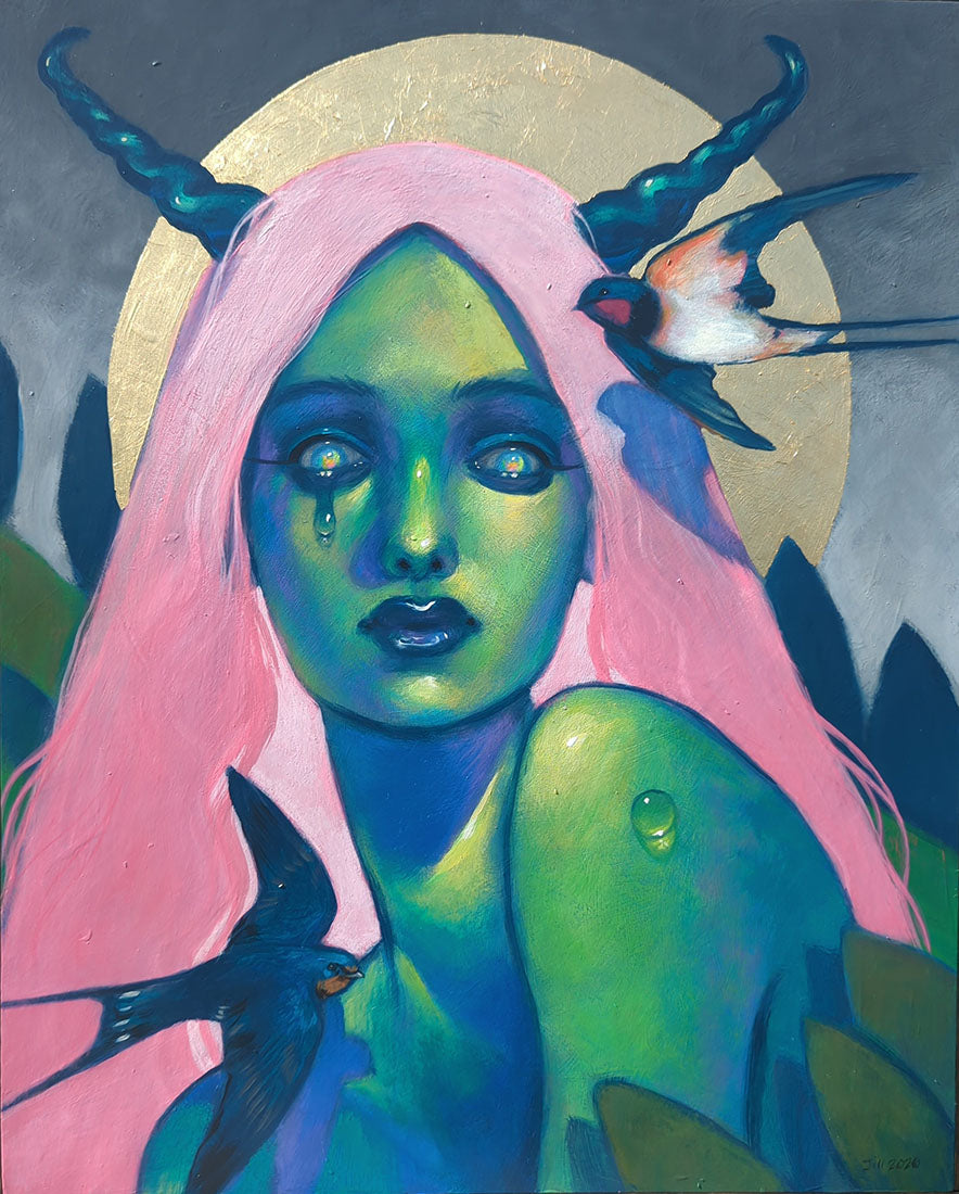 Artistic depiction of a figure with pink hair and blue skin, surrounded by birds, against a dark background.