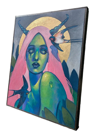 Colorful artwork of a woman with pink hair and birds, outdoors.