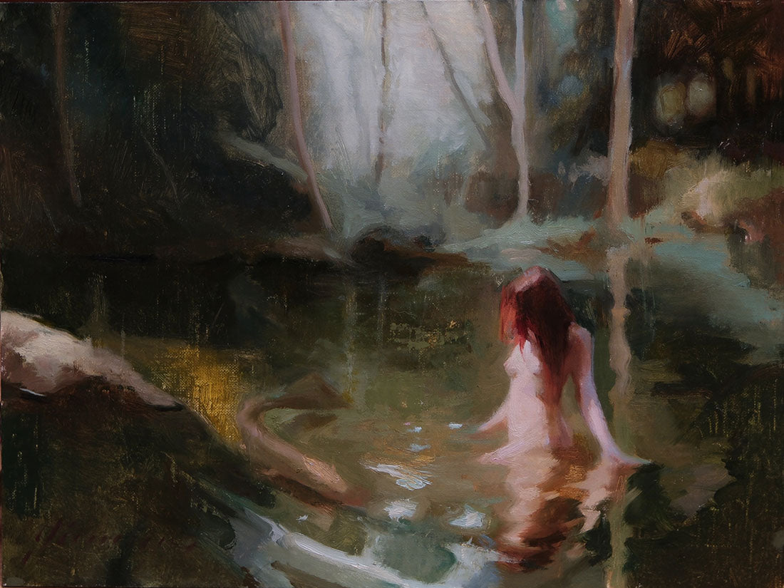 Artistic depiction of a person with red hair partially submerged in water, surrounded by natural elements.