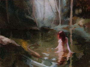 Artistic depiction of a person with red hair partially submerged in water, surrounded by natural elements.