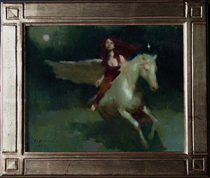 Painting of a woman riding a white horse with a dark, starry background.