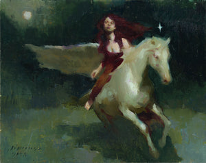 Painting of a woman with red hair riding a white horse in a dark, forested area.