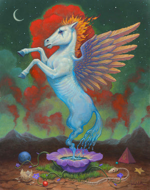 Mythical creature with wings and red hair standing on a purple flower against a colorful background.