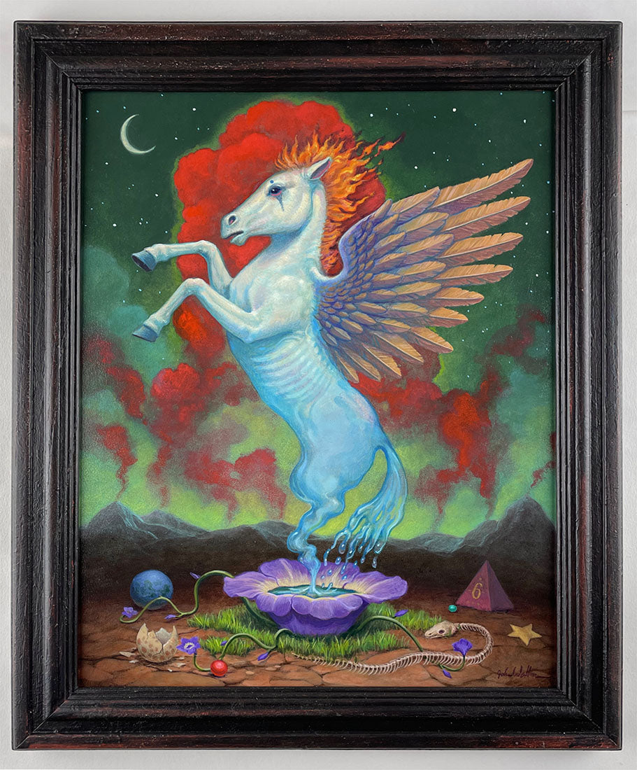 Mythical creature with wings and red hair standing on a purple flower against a colorful background.