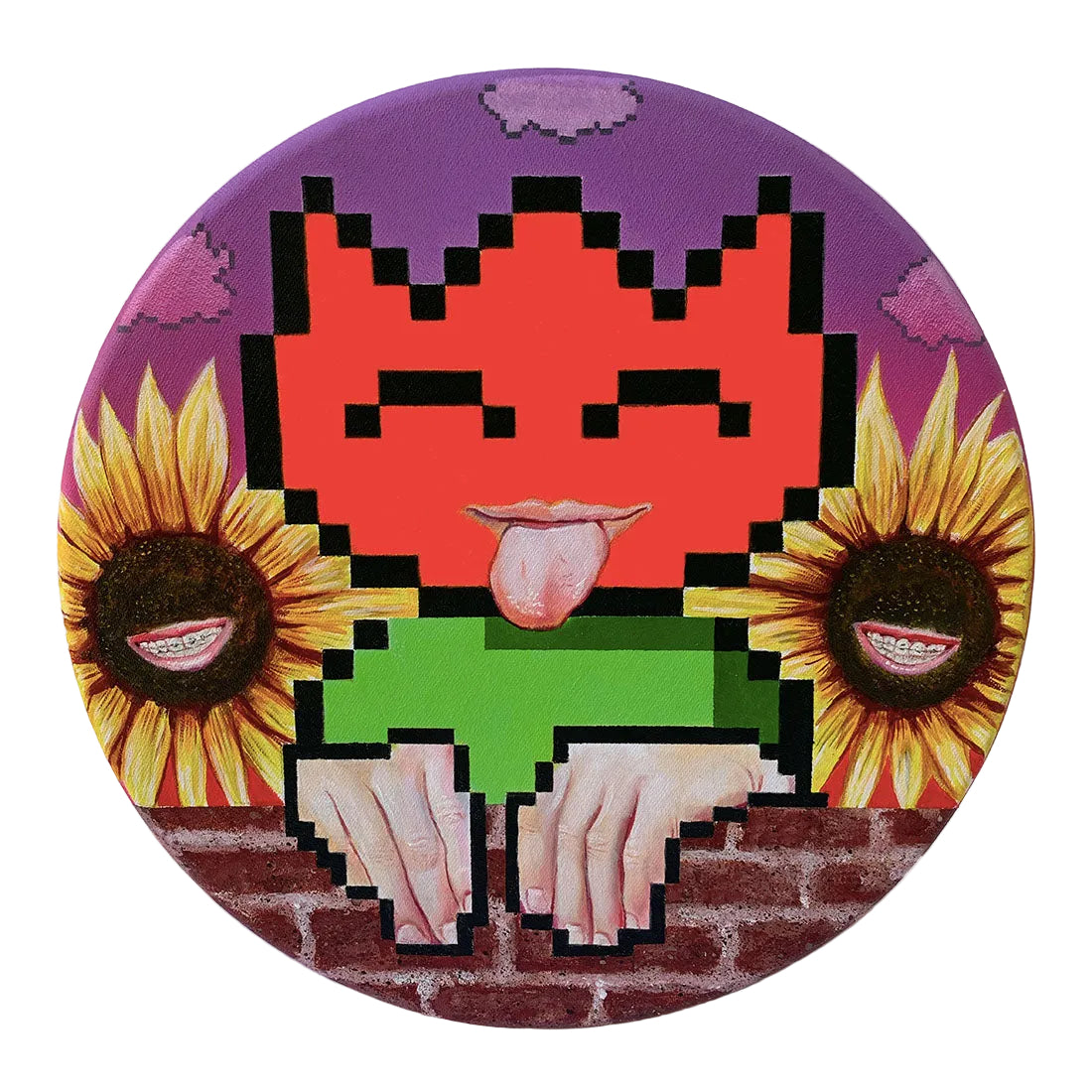 Circular artwork with pixelated face, sunflowers, and a brick background on a purple background