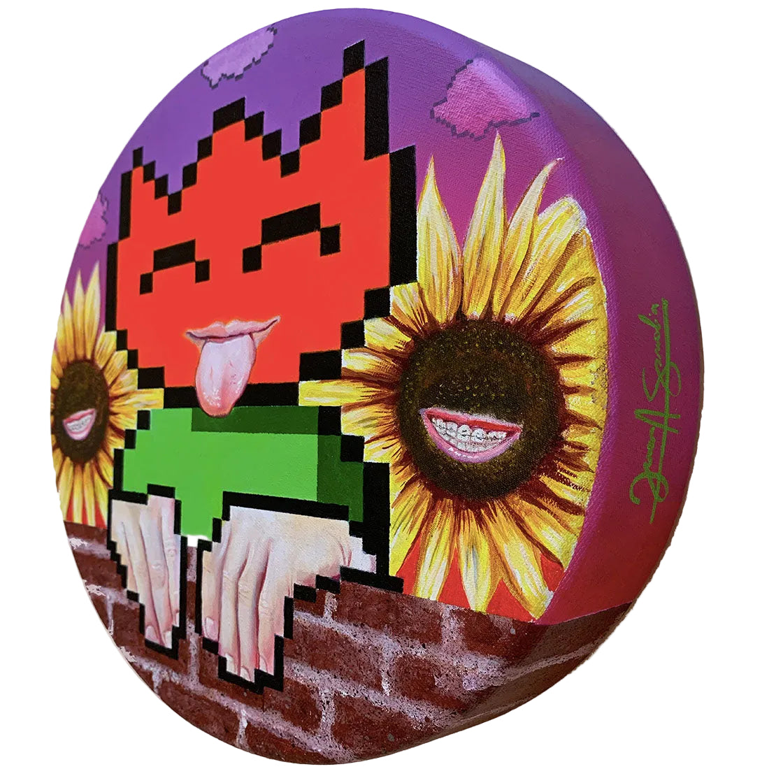 Circular artwork with pixelated face, sunflowers, and a brick background on a purple background