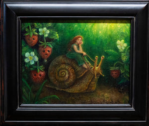 Framed artwork of a girl riding a snail in a fantasy garden setting.