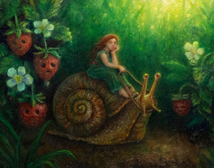 Fairy riding a snail among strawberries and flowers in a lush green forest.
