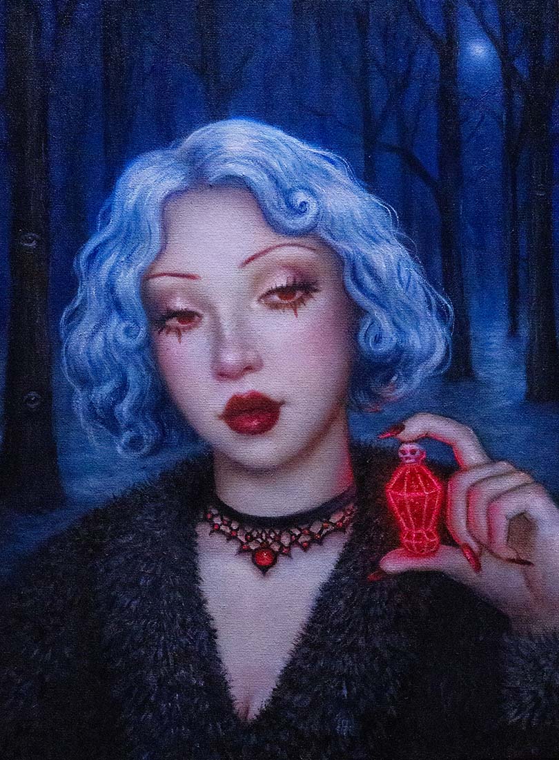Artistic depiction of a person with blue hair holding a red lantern in a dark, gothic setting.