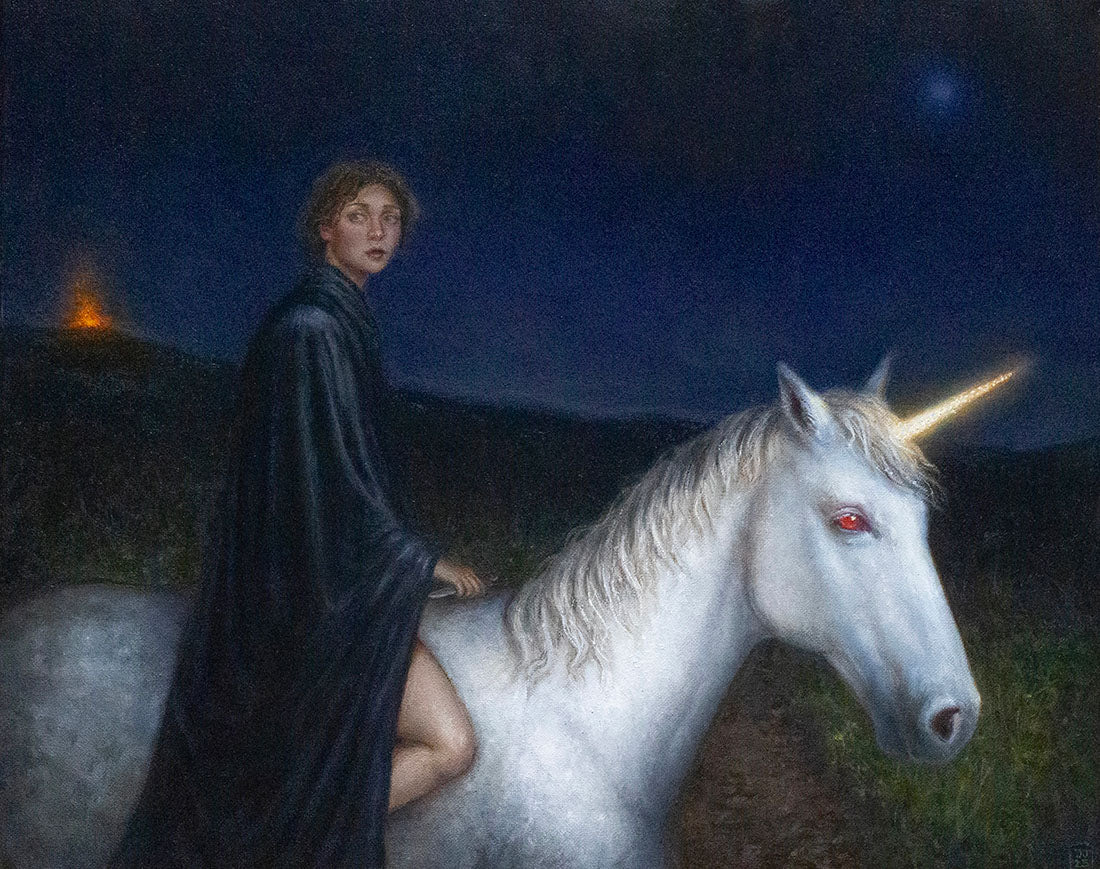 Person in dark cloak riding a unicorn under a starry night sky