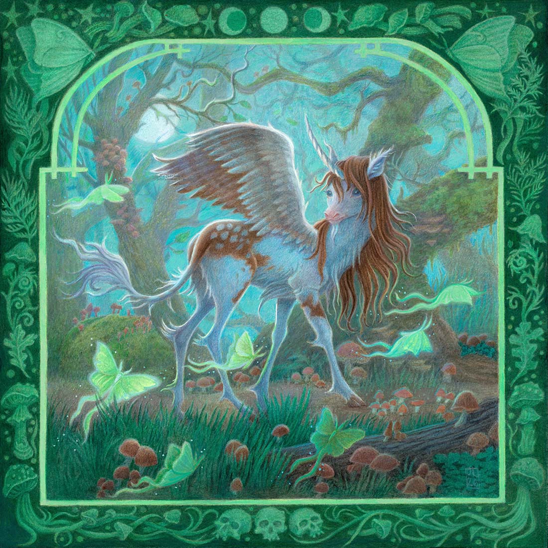 Fantasy creature with wings and a unicorn in a magical forest