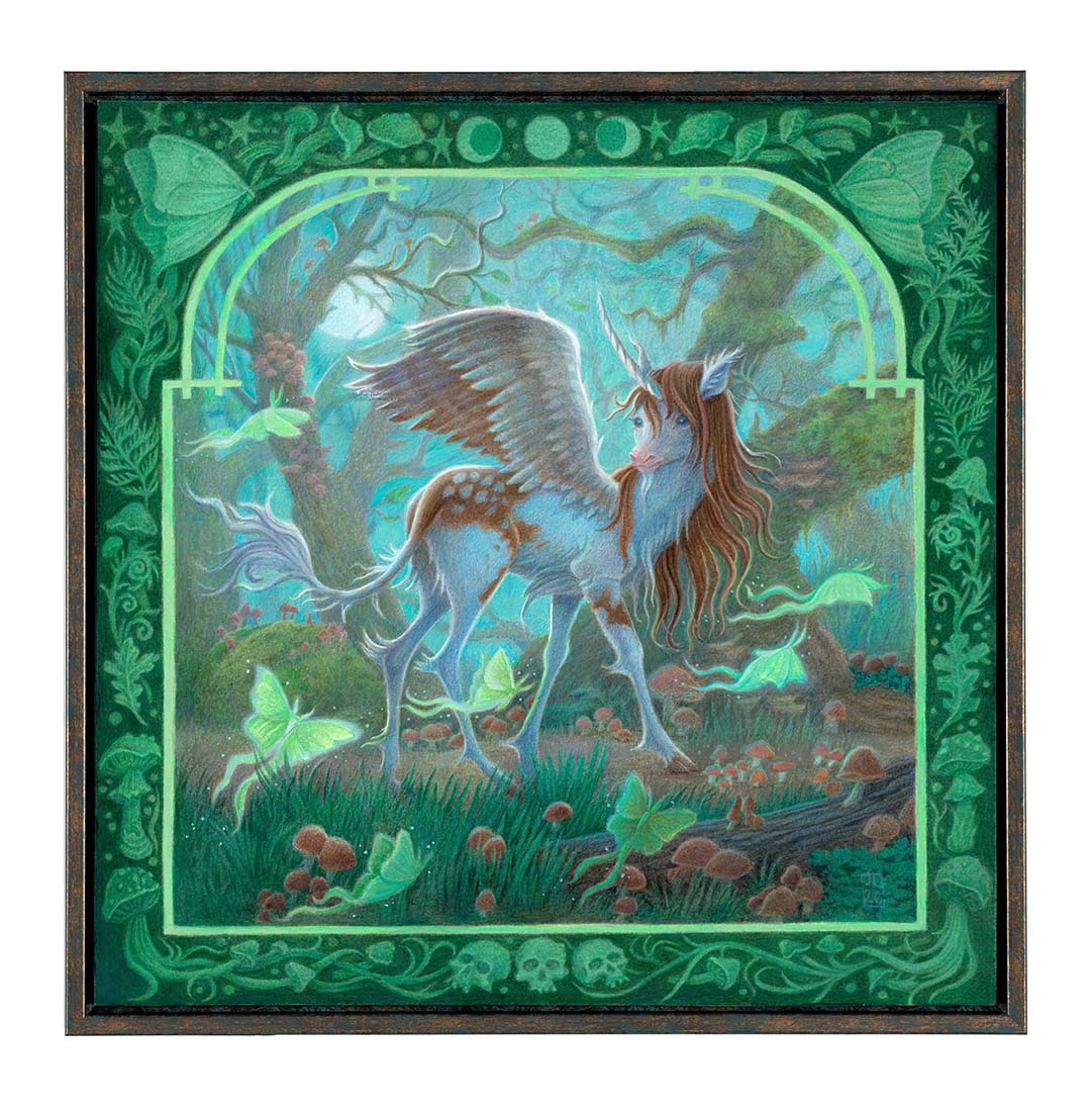 Fantasy creature with wings and a unicorn in a magical forest