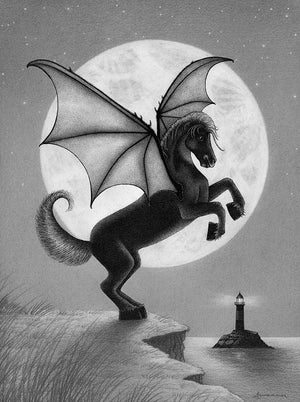Black and white illustration of a winged horse on a cliff with a lighthouse and moon in the background.