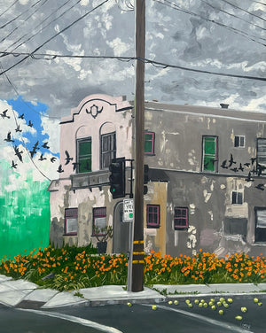 Urban scene with a building, traffic light, and birds against a cloudy sky.