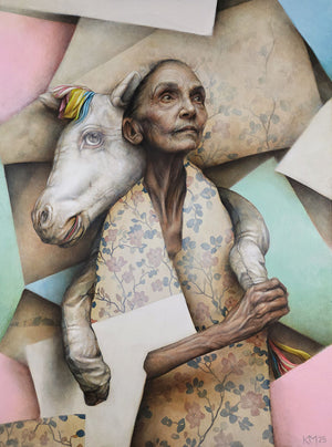 Artistic depiction of a person with a horse's head, surrounded by textured paper backgrounds.