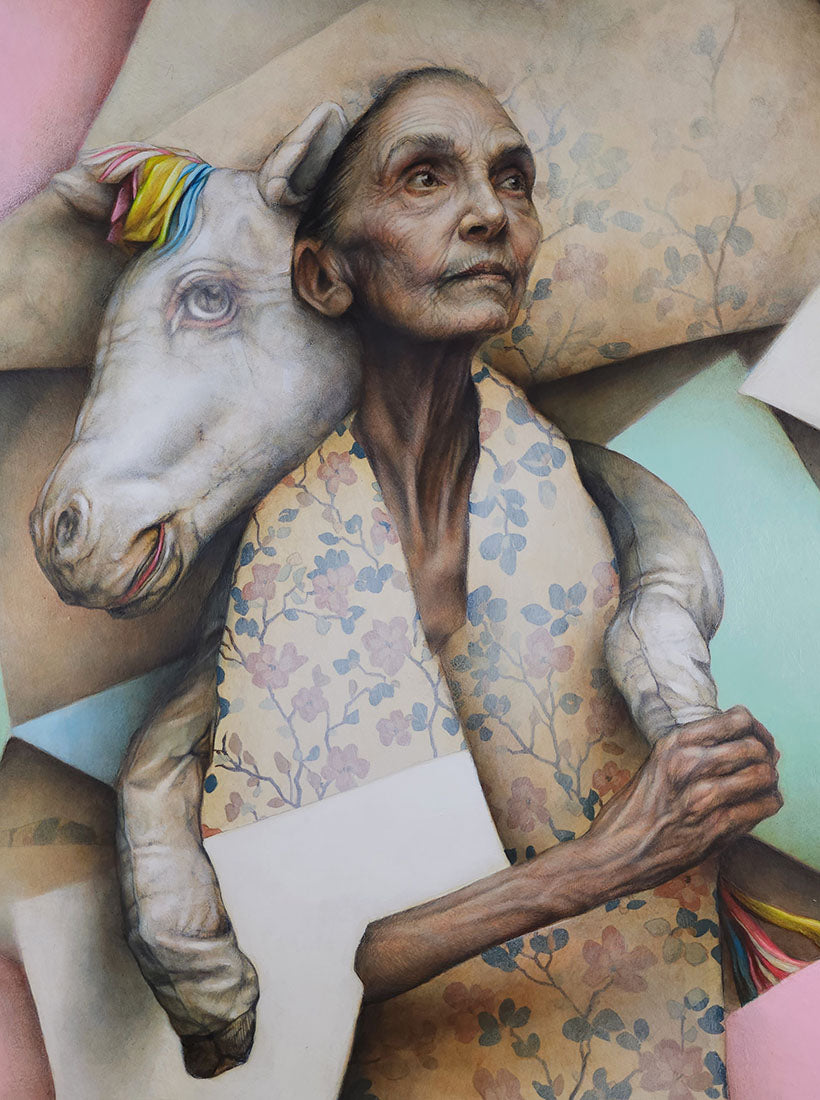 Artistic depiction of a person embracing a horse with floral patterns and tattoos.