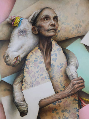 Artistic depiction of a person embracing a horse with floral patterns and tattoos.