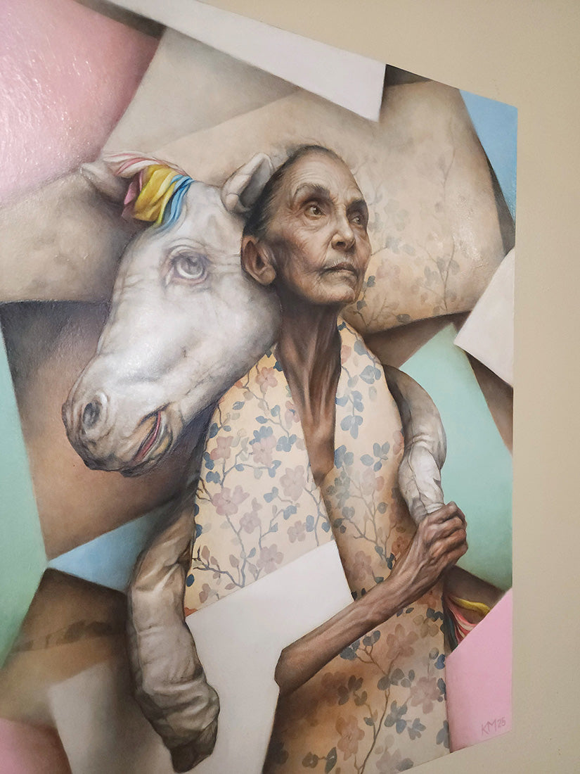 Artistic depiction of a person with a horse's head, surrounded by textured paper backgrounds.