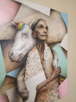 Artistic depiction of a person with tattoos holding a horse's head.