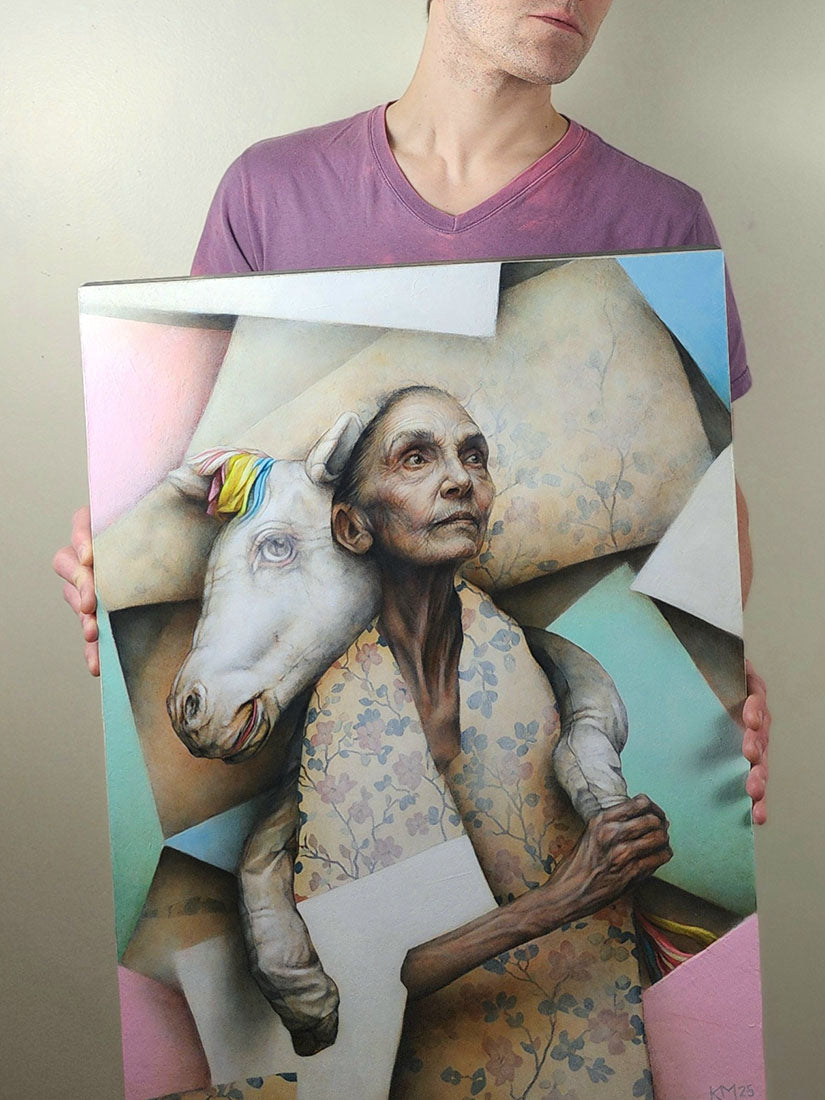 Person holding a large painting of an elderly woman with a horse's head.