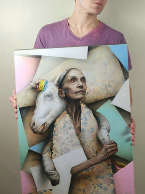 Person holding a large painting of an elderly woman with a horse's head.