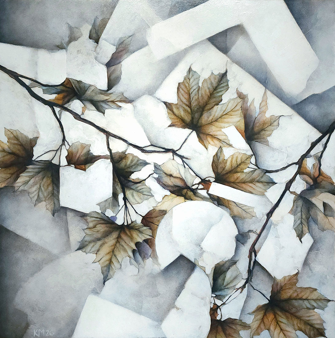 Artistic depiction of leaves and branches on a textured background