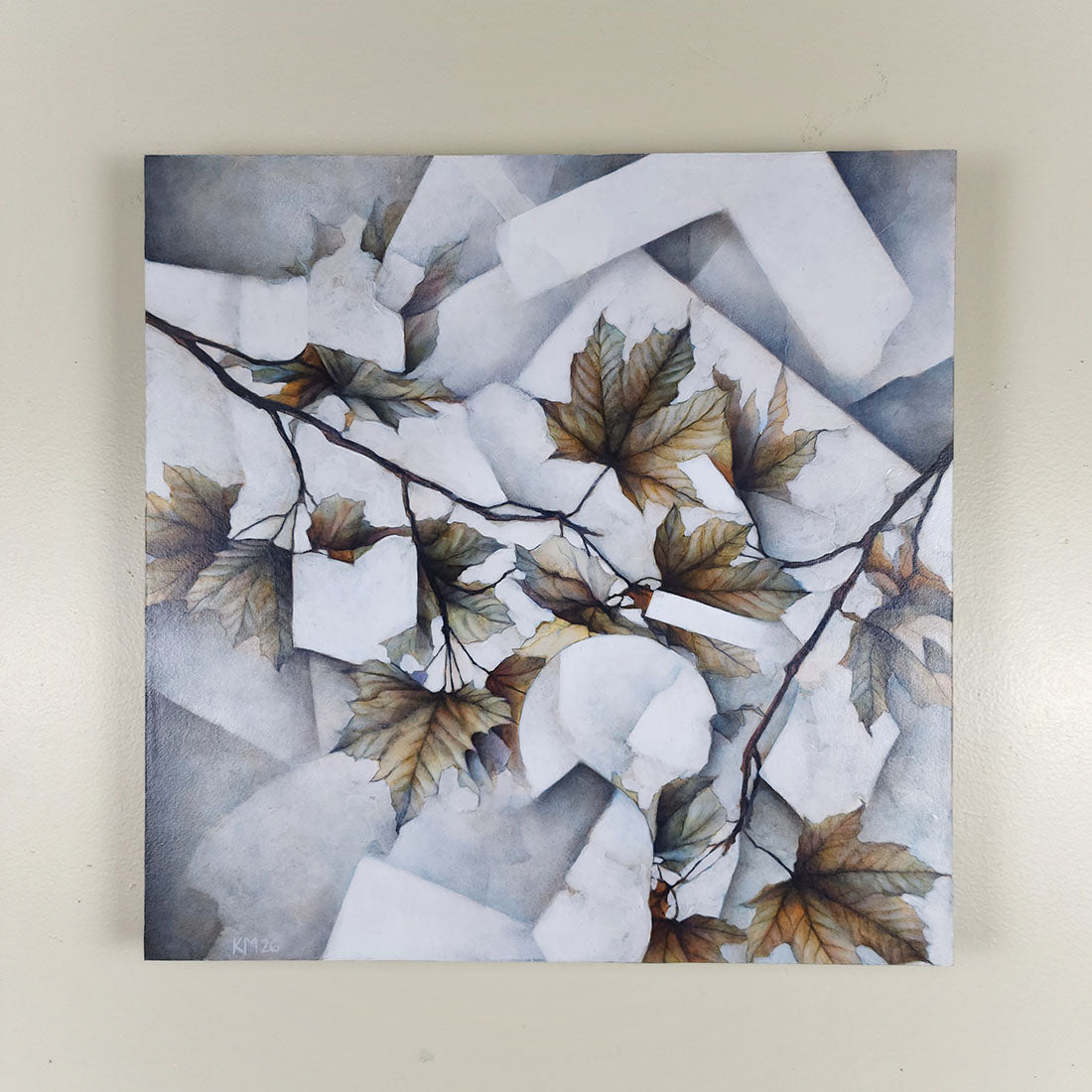 Artistic depiction of leaves and branches on a textured background