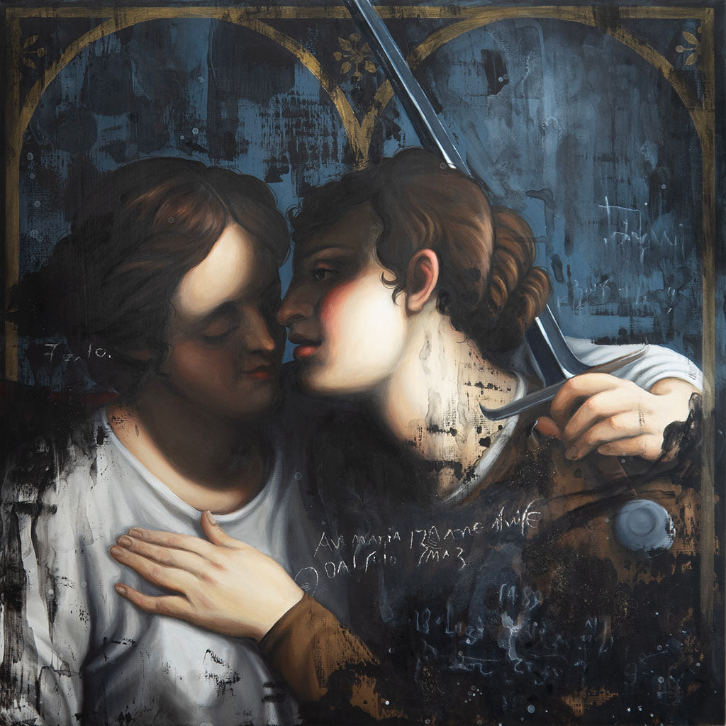 Artistic depiction of two figures with a sword, set against a textured blue background.