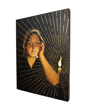Artistic depiction of a woman with a candle against a black background