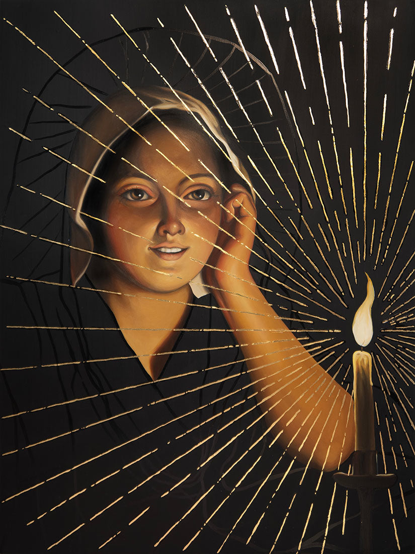 Artistic depiction of a woman with a candle and sunburst effect