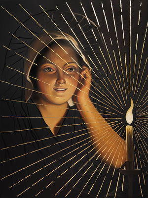 Artistic depiction of a woman with a candle and sunburst effect