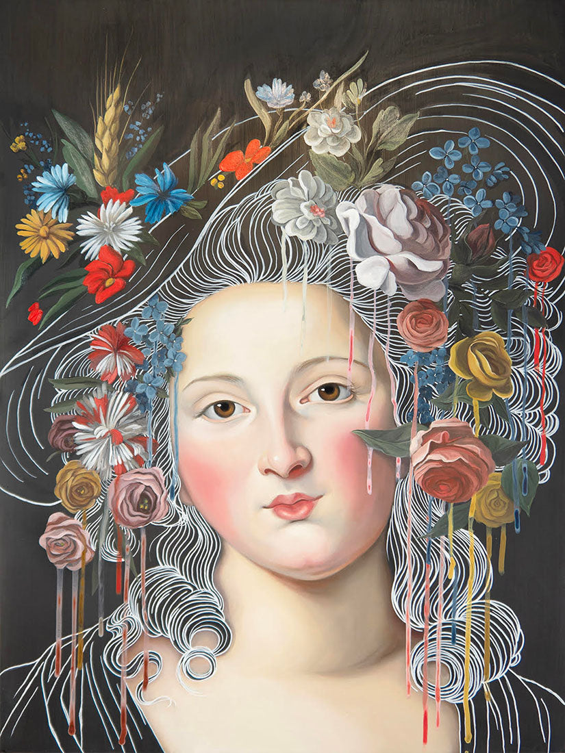 Artistic depiction of a woman's face with floral and decorative elements on a dark background