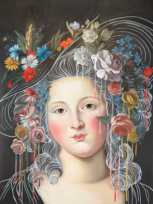 Artistic depiction of a woman's face with floral and decorative elements on a dark background