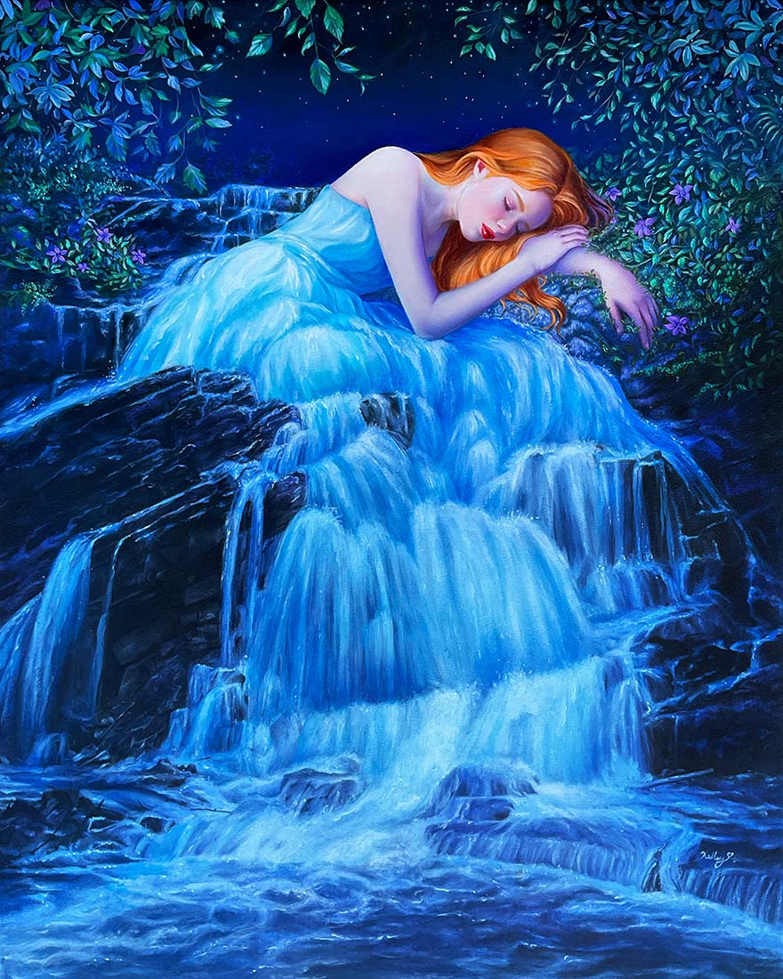 Woman in a blue dress lying on a waterfall with a fantasy forest background