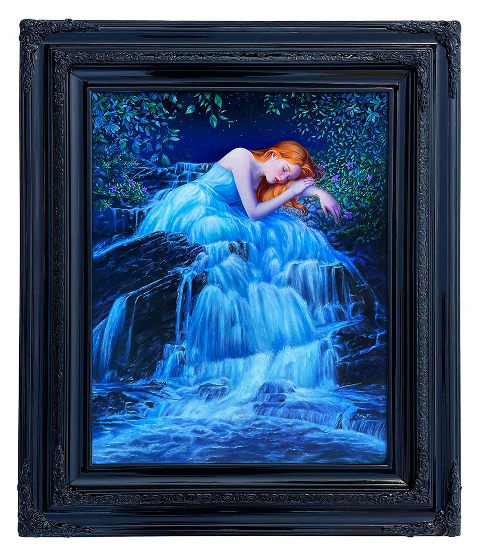 Woman in a blue dress lying on a waterfall with a fantasy forest background