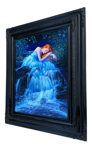 Framed artwork of a woman with red hair sitting by a waterfall on a white background