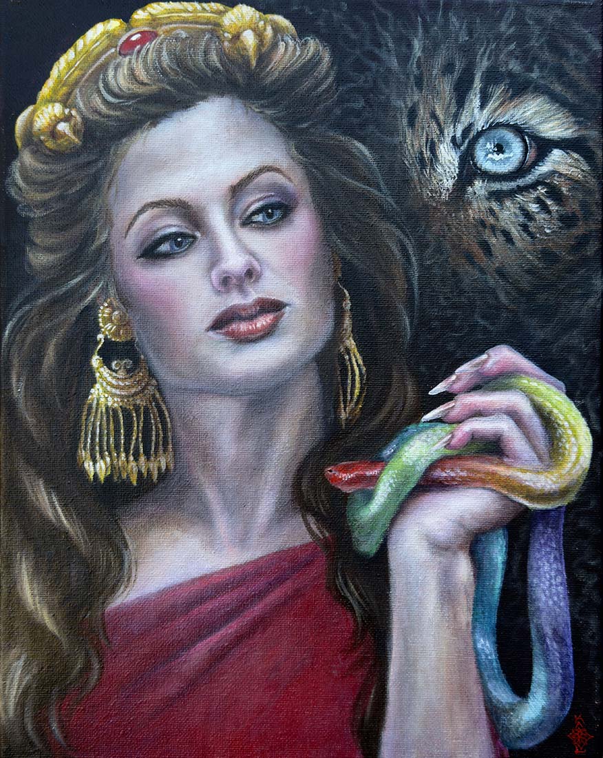 Artistic depiction of a woman with a snake and a leopard's eye in the background