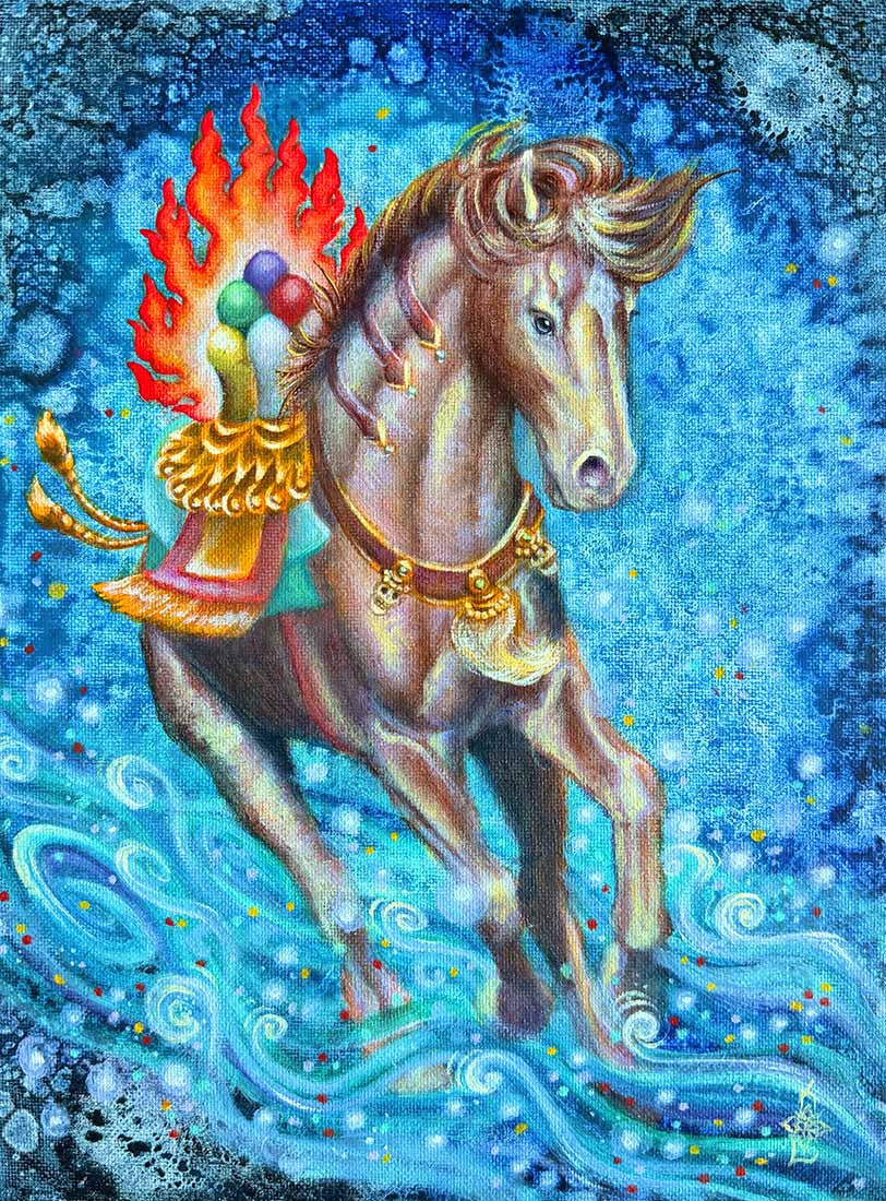 Colorful illustration of a horse with decorative elements on a blue background