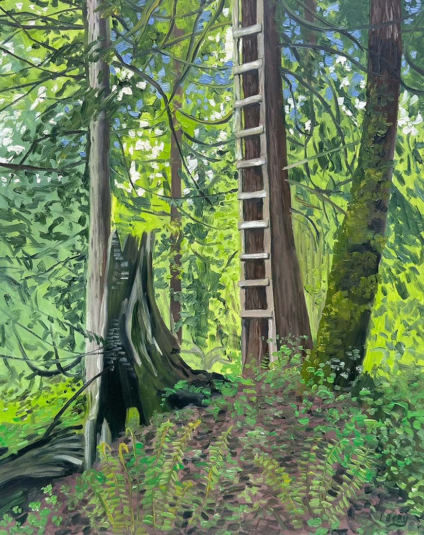 Painting of a wooden ladder leaning against a tree in a dense forest