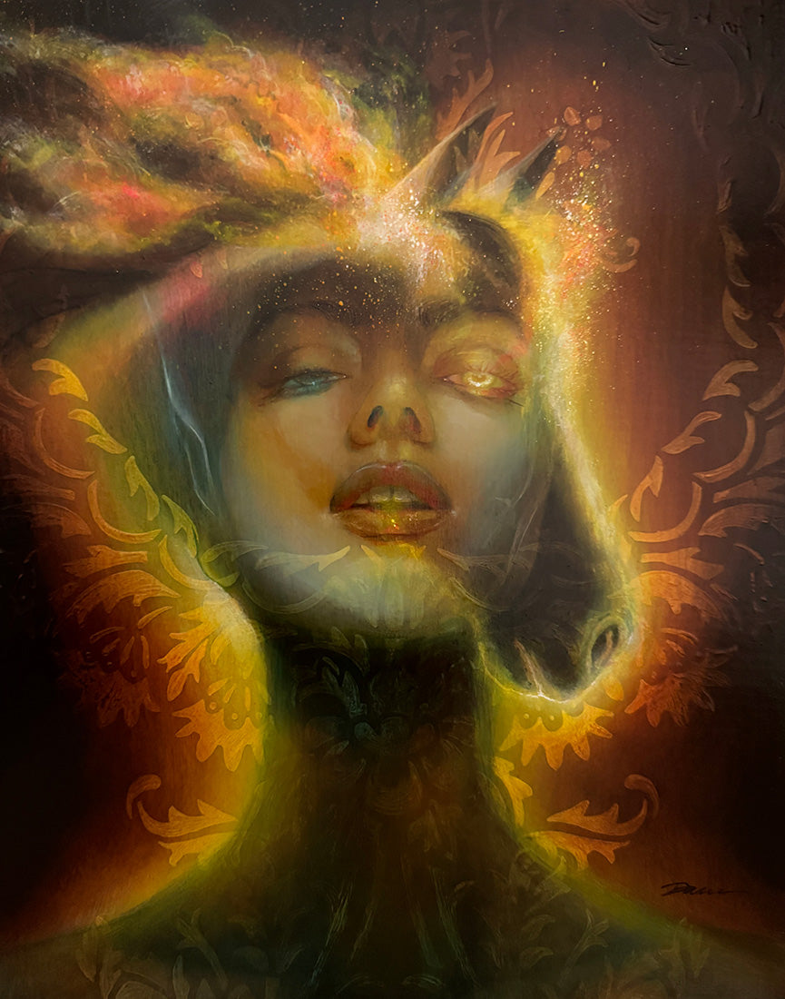 Artistic depiction of a face with celestial elements and intricate patterns