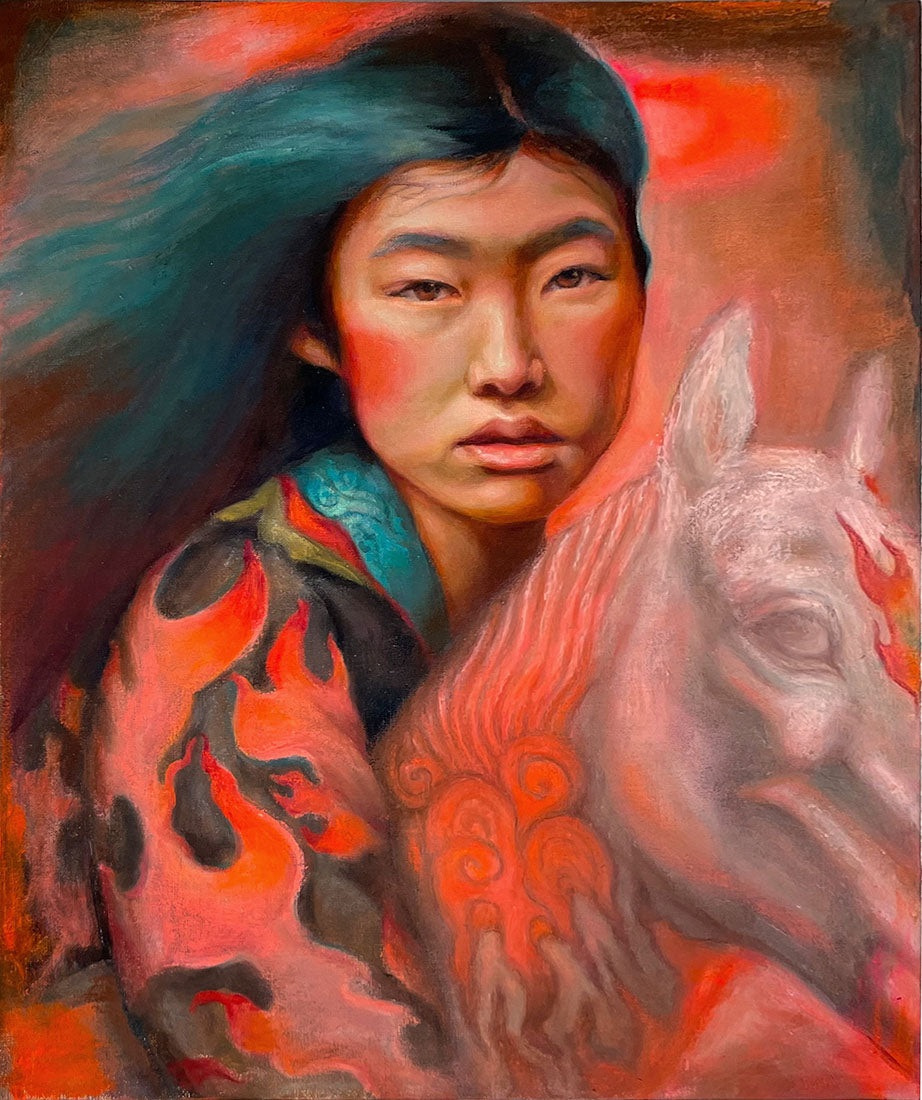 Artistic depiction of a person with tattoos and a horse, using warm colors.