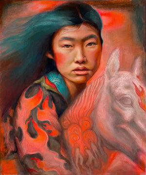 Artistic depiction of a person with tattoos and a horse, using warm colors.