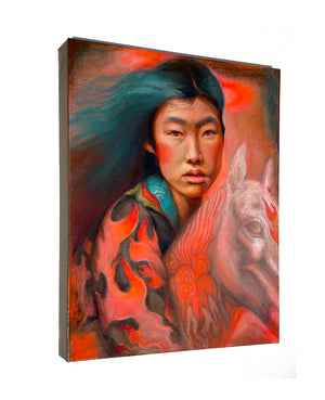 Canvas painting of a person with a horse, featuring vibrant colors on a white background