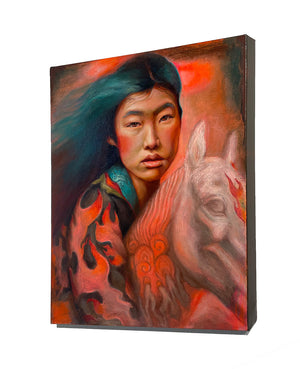 Canvas painting of a person with tattoos and a horse, on a white background