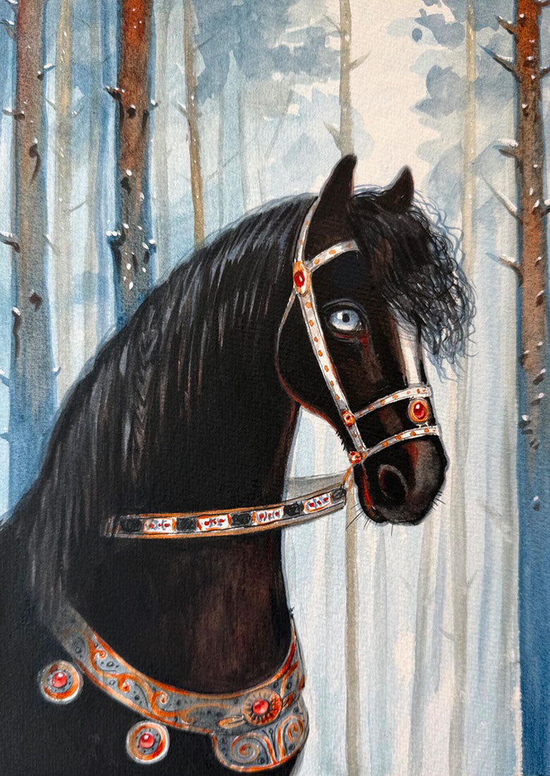 Black horse with ornate bridle in a forest setting