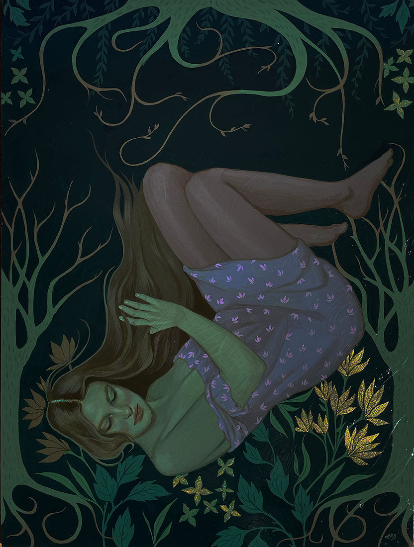 Illustration of a woman lying on the ground surrounded by foliage and flowers.