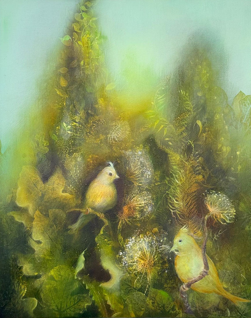 Two birds perched on branches with a green and brown background