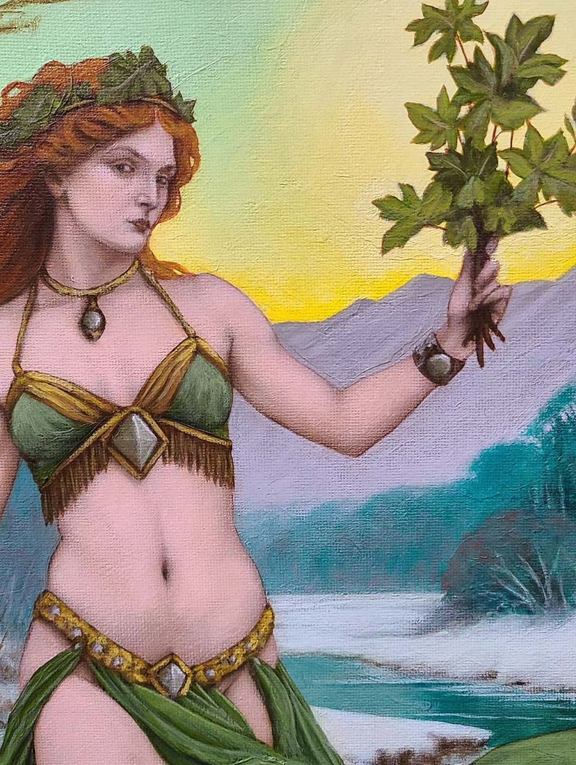 Artistic depiction of a woman in a natural setting with mountains and water.