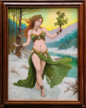 Framed artwork of a woman in a green dress with a forest background