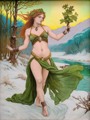 Fairy-like figure in a green dress with a forest and mountain background